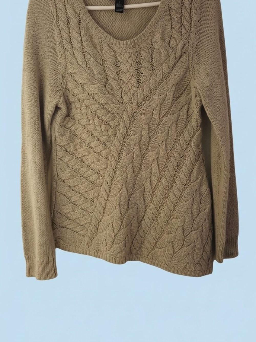 INC International Concepts Tan Cable Knit Scoop Neck Sweater